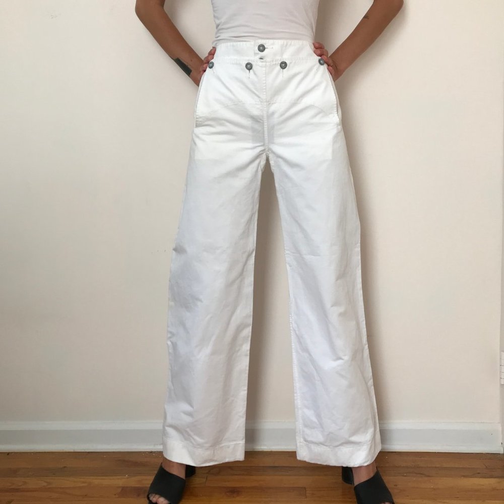 High Waisted Wide Leg White Sailor Navy Pants 28
